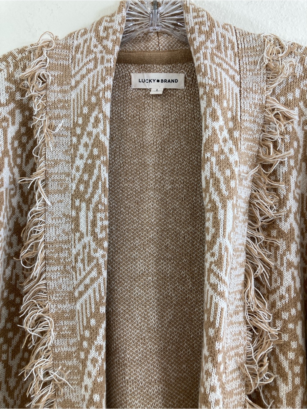 Lucky Brand Boho Fringe Cardigan Size L Tan Cream Open Knit Sweater - Picture 5 of 13